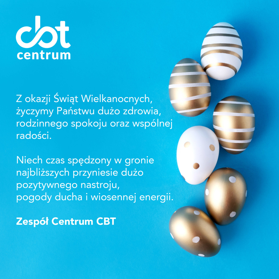 Z okazji Świąt Wielkanocnych, życzymy Państwu dużo zdrowia, rodzinnego spokoju oraz wspólnej radości. 

Niech czas spędzony w gronie najbliższych przyniesie dużo pozytywnego nastroju, pogody ducha i wiosennej energii.

Zespół Centrum CBT